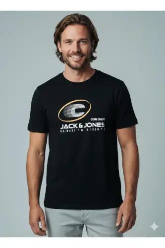 J&J Logo Bisiklet Yaka Günlük Tişört-Black - 3