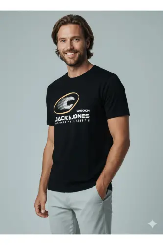 J&J Logo Bisiklet Yaka Günlük Tişört-Black - 4