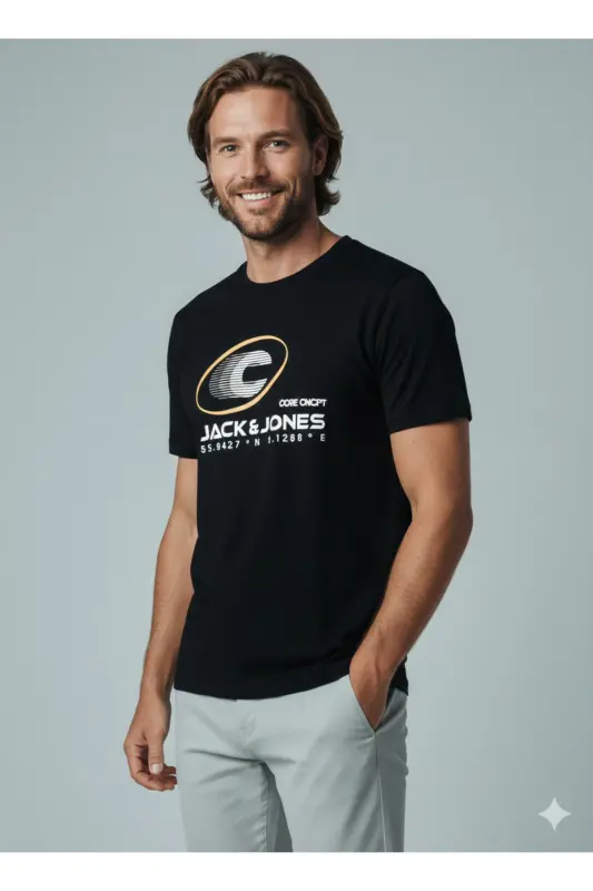 J&J Logo Bisiklet Yaka Günlük Tişört-Black - 4