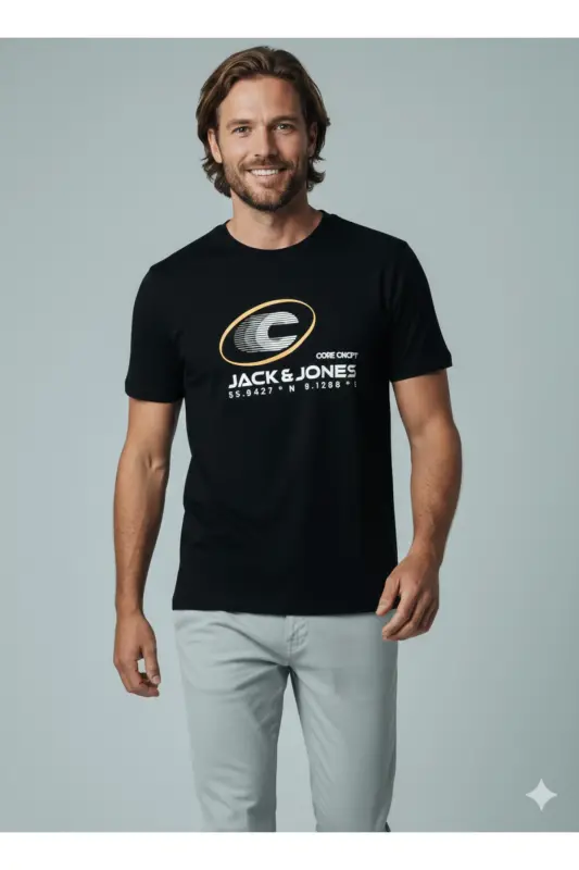 J&J Logo Bisiklet Yaka Günlük Tişört-Black - JACK & JONES