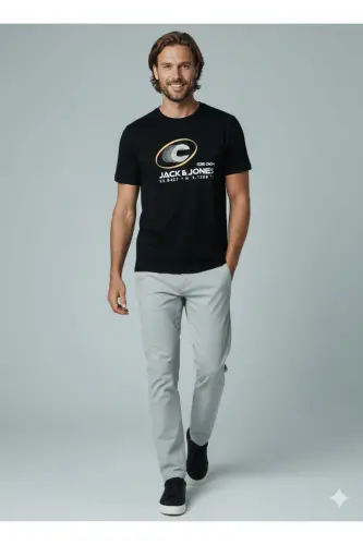 J&J Logo Bisiklet Yaka Günlük Tişört-Black - 6