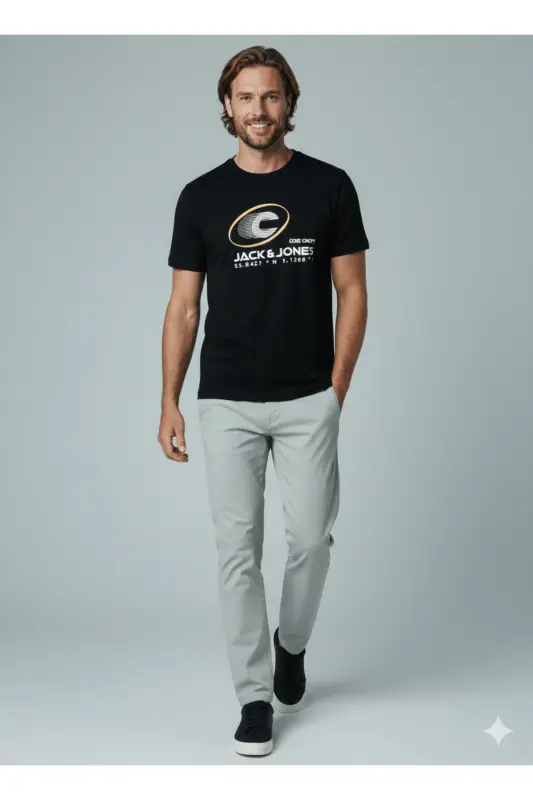 J&J Logo Bisiklet Yaka Günlük Tişört-Black - 6