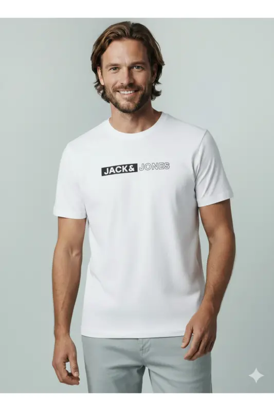 J&J Logo Bisiklet Yaka Günlük Tişört-White - 1