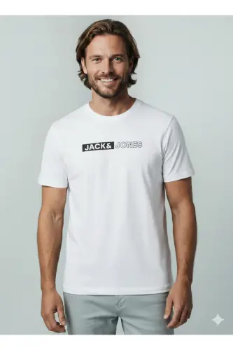 J&J Logo Bisiklet Yaka Günlük Tişört-White - 3