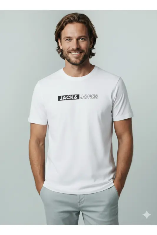 J&J Logo Bisiklet Yaka Günlük Tişört-White - 4