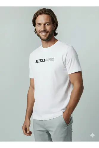 J&J Logo Bisiklet Yaka Günlük Tişört-White - 5