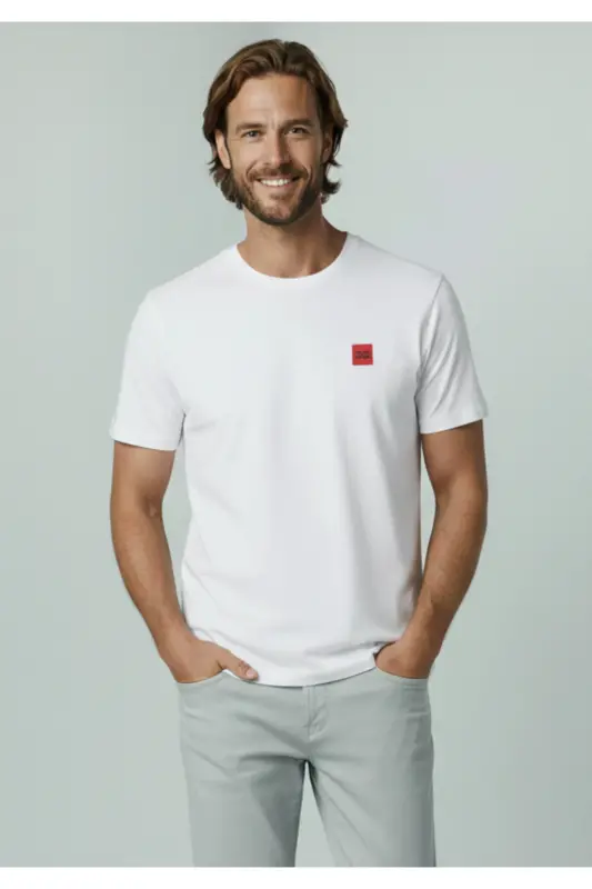 J&J Logo Bisiklet Yaka Günlük Tişört-White - 5