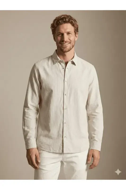 J&J Sand Beige Men's Linen Long Sleeve Shirt - 4