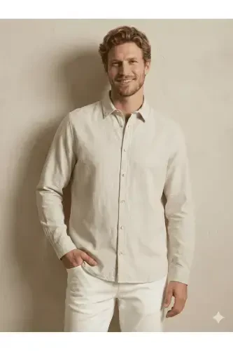 J&J Sand Beige Men's Linen Long Sleeve Shirt - 5