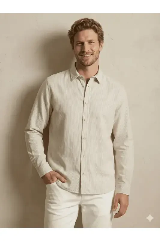 J&J Sand Beige Men's Linen Long Sleeve Shirt - 5