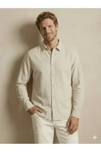 J&J Sand Beige Men's Linen Long Sleeve Shirt - 6