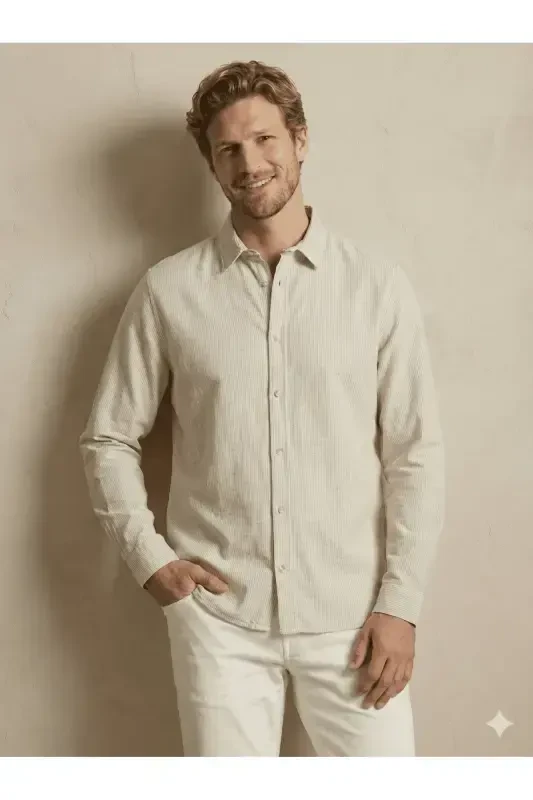 J&J Sand Beige Men's Linen Long Sleeve Shirt - 6