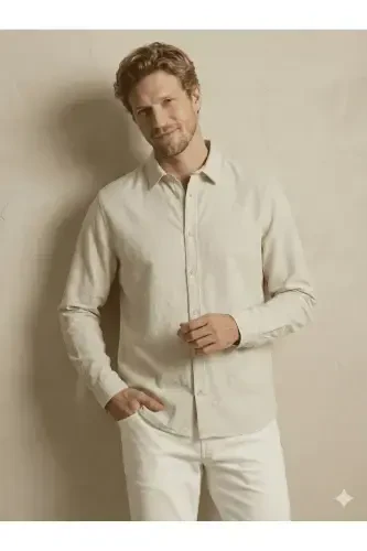 J&J Sand Beige Men's Linen Long Sleeve Shirt - 7