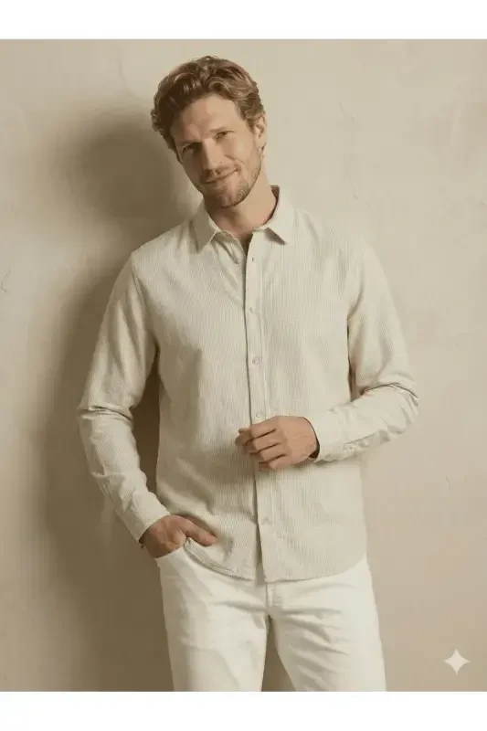 J&J Sand Beige Men's Linen Long Sleeve Shirt - 7