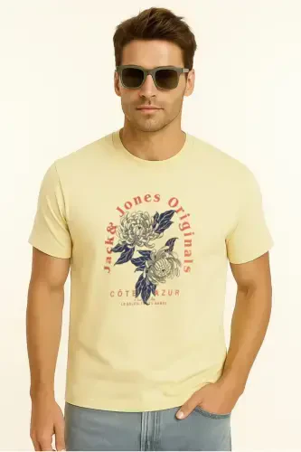 J&J T-Shirt Erkak Logo Bosmali Futbolka Sariq-Sariq - 5