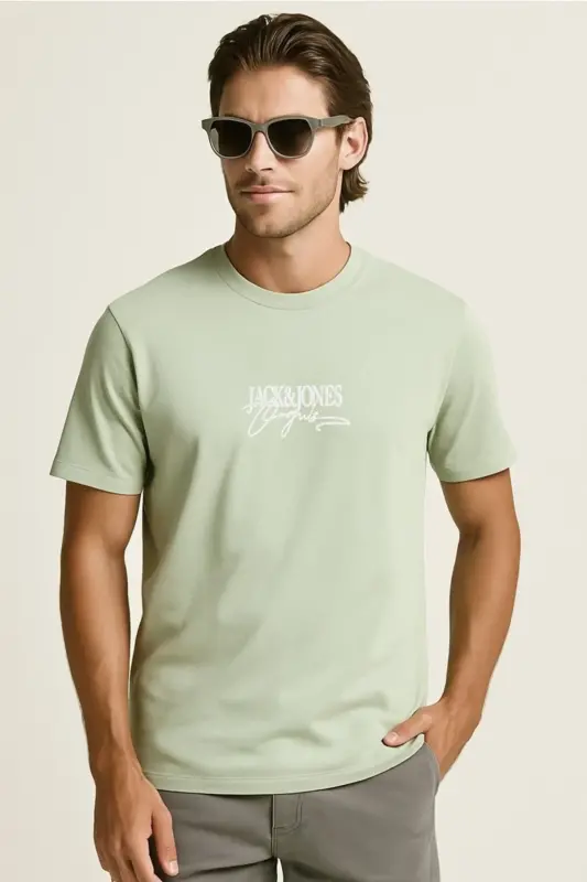 J&J T-Shirt Erkek Logo Baskılı Tişört Green Brandy - Green-Brandy Crew - 1