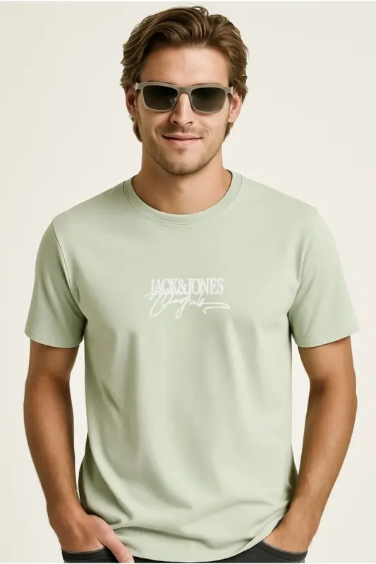J&J T-Shirt Erkek Logo Baskılı Tişört Green Brandy - Green-Brandy Crew - 6