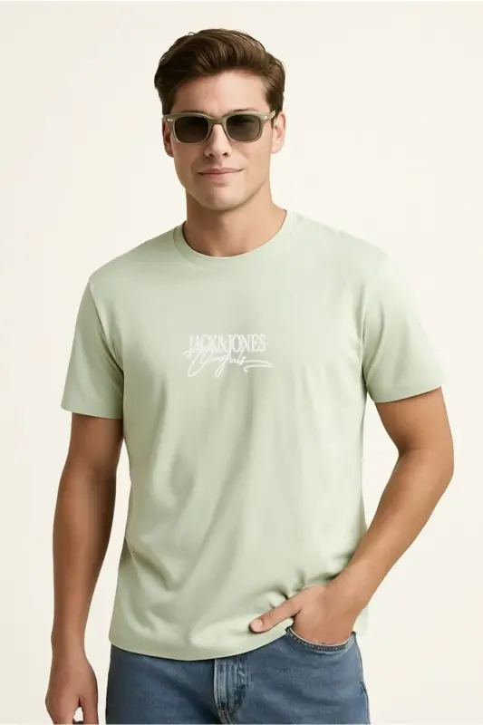 J&J T-Shirt Erkek Logo Baskılı Tişört Green Brandy - Green-Brandy Crew - 8