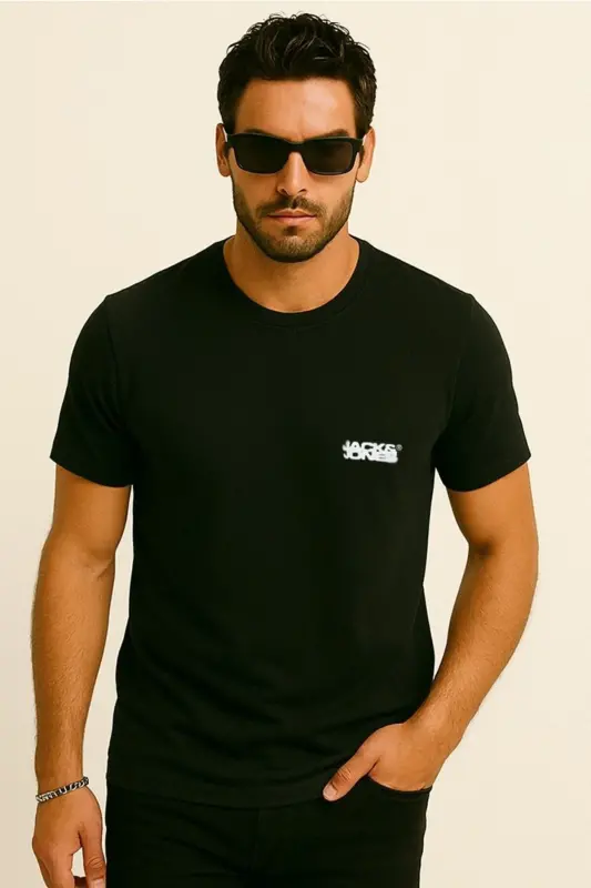 J&J T-Shirt Men's Logo Printed T-Shirt Black Black-Black - 1