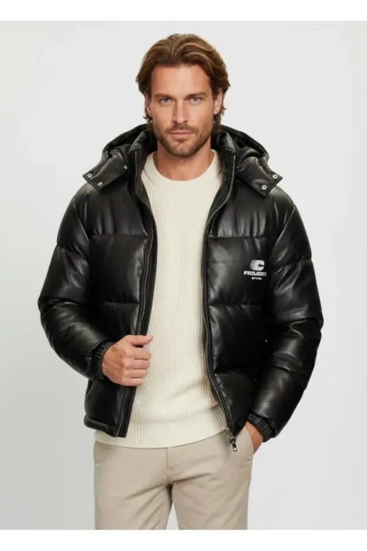 J&J TERRAIN Soğuk Geçirmez Pu Deri Kapüşonlu Şişme Mont Siyah - Jcoterra Siyah - JACK & JONES