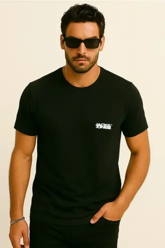 J&J T-Shirt Erkek Logo Baskılı Tişört Black Siyah - Siyah-Black-Cosago 