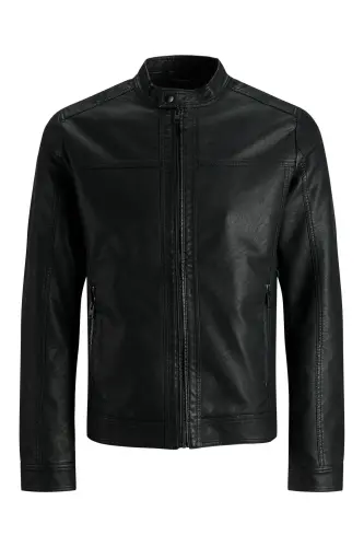 J&J Trendy Black Men's PU Leather Jacket - Trendy Black - JACK & JONES (1)