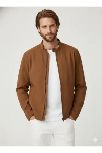 J&J Trendy Erkek Biker Style Pu Deri Ceket-Cognac / Clean - 7