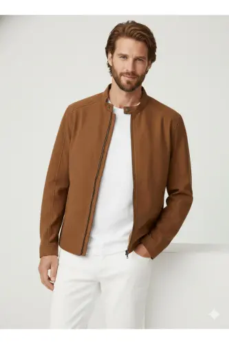 J&J Trendy Erkek Biker Style Pu Deri Ceket-Cognac / Clean - 8