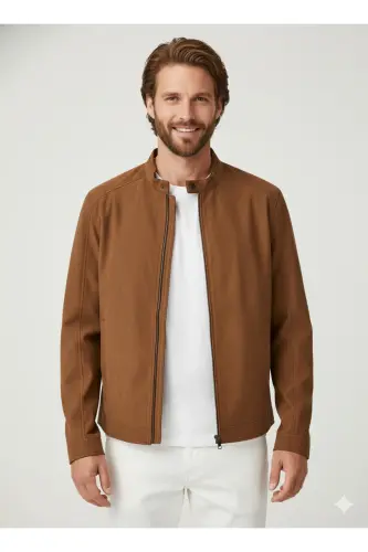 J&J Trendy Erkek Biker Style Pu Deri Ceket-Cognac / Clean 