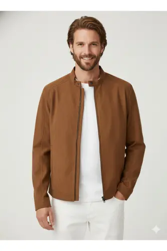 J&J Trendy Erkek Biker Style Pu Deri Ceket-Cognac / Clean - 6