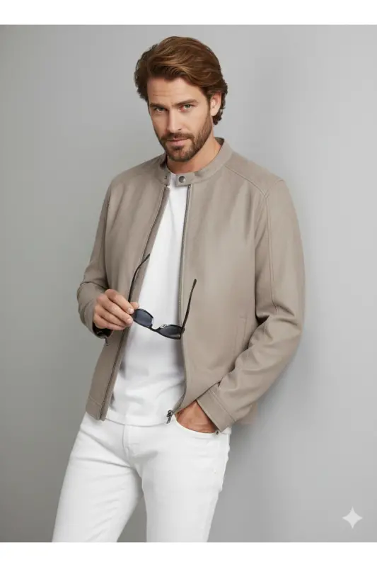 J&J Trendy Erkek Biker Style Pu Deri Ceket-Falcon / Clean - 7