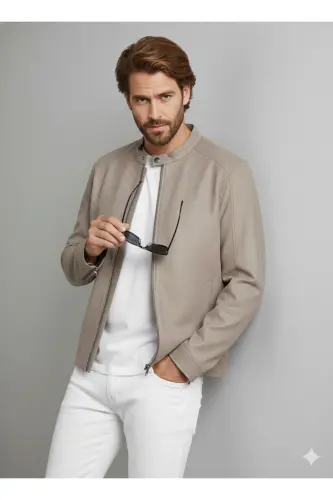 J&J Trendy Erkek Biker Style Pu Deri Ceket-Falcon / Clean - 8