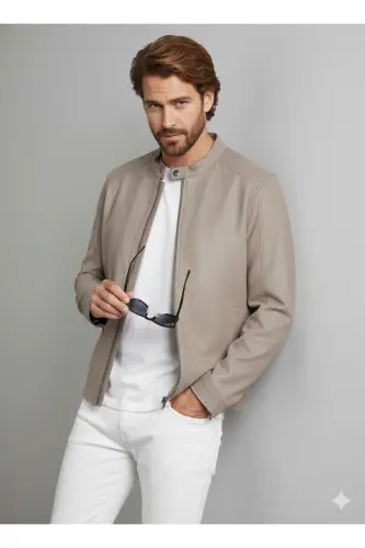 J&J Trendy Erkek Biker Style Pu Deri Ceket-Falcon / Clean - 7