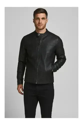 J&J Trendy Qora Erkak PU Teri Ko'ylagi Kurtka - Trendy Qora - 3