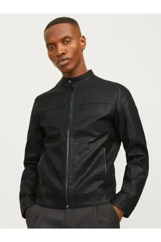 J&J Trendy Qora Erkak PU Teri Ko'ylagi Kurtka - Trendy Qora - 4