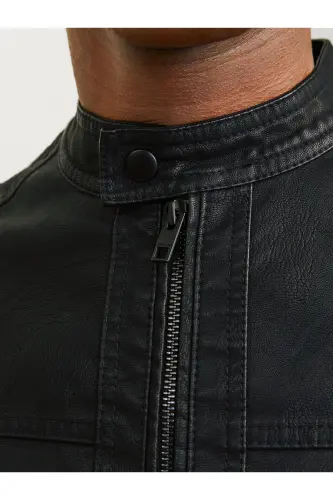 J&J Trendy Qora Erkak PU Teri Ko'ylagi Kurtka - Trendy Qora - 7