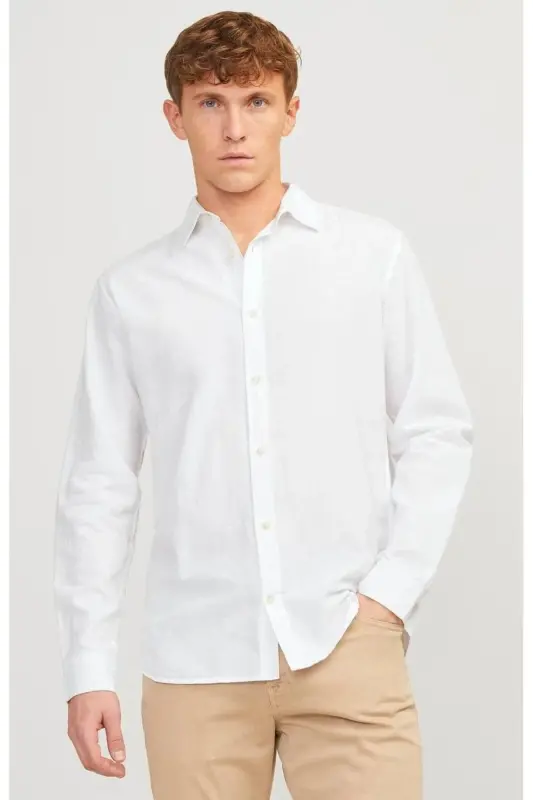J&J White Men's Linen Long Sleeve Shirt - 1