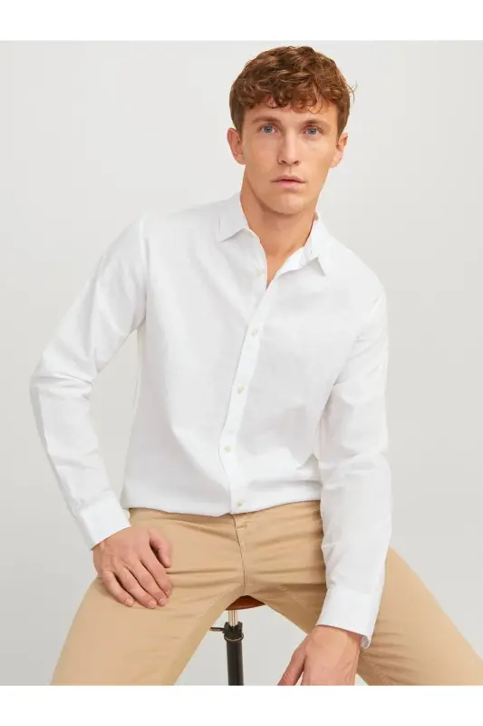 J&J White Men's Linen Long Sleeve Shirt - 6