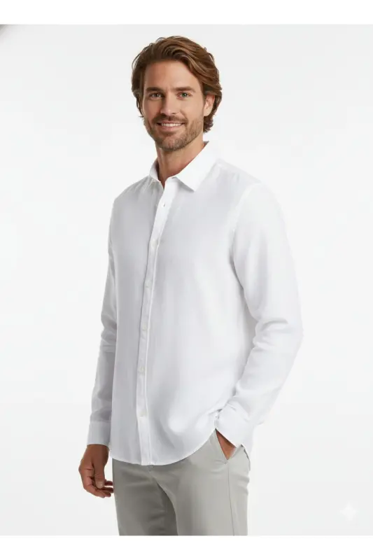 J&J White Men's Linen Long Sleeve Shirt - 7