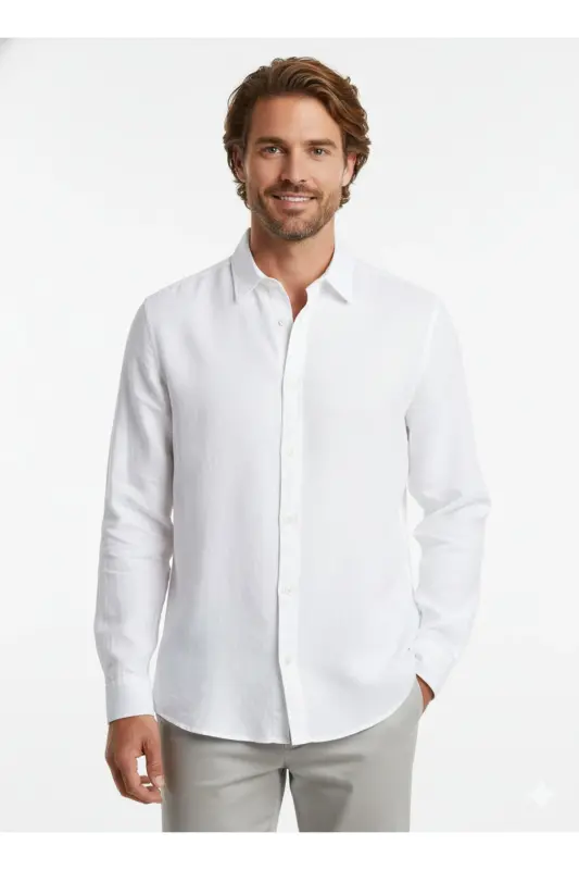 J&J White Men's Linen Long Sleeve Shirt - 8