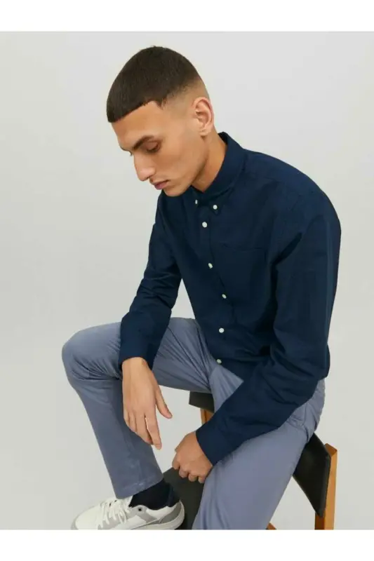 Erkek Lacivert Jjeoxford Shirt Ls Noos Gömlek 12182486-Navyblaze - Navy Blazer SLIM FIT - 3