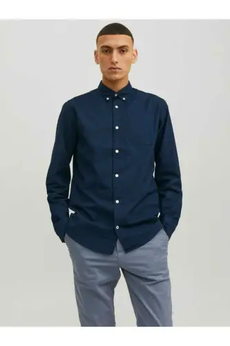 Erkek Lacivert Jjeoxford Shirt Ls Noos Gömlek 12182486-Navyblaze - Navy Blazer SLIM FIT - 4