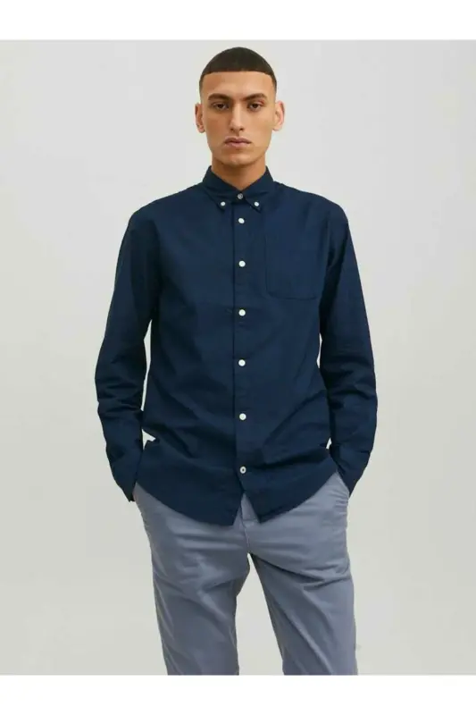 Erkek Lacivert Jjeoxford Shirt Ls Noos Gömlek 12182486-Navyblaze - Navy Blazer SLIM FIT - 4