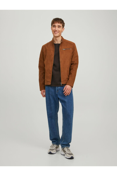 JJEROCKY JACKET NOOS Dik Yaka Belden Kemerli Suni Deri Slim Fit Biker Ceket - Kahverengi Süet - 3