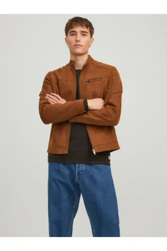 JJEROCKY JACKET NOOS Dik Yaka Belden Kemerli Suni Deri Slim Fit Biker Ceket - Kahverengi Süet - 1