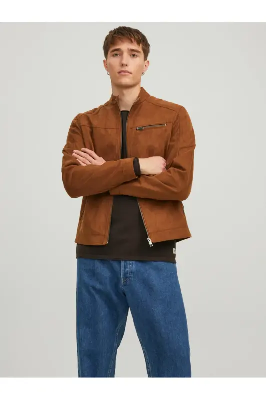 JJEROCKY JACKET NOOS Dik Yaka Belden Kemerli Suni Deri Slim Fit Biker Ceket - Kahverengi Süet - 1