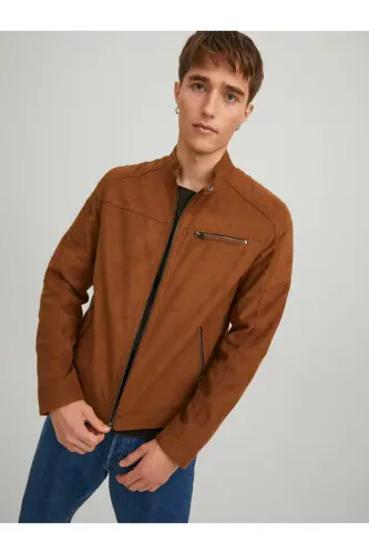 JJEROCKY JACKET NOOS Dik Yaka Belden Kemerli Suni Deri Slim Fit Biker Ceket - Kahverengi Süet - Jack & Jones (1)