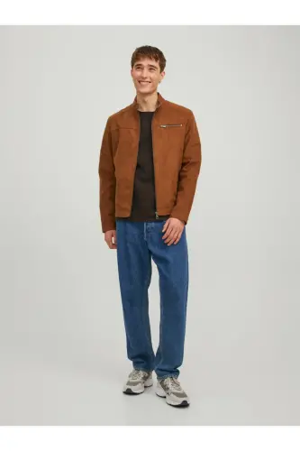 JJEROCKY JACKET NOOS Dik Yaka Belden Kemerli Suni Deri Slim Fit Biker Ceket - Kahverengi Süet - 3