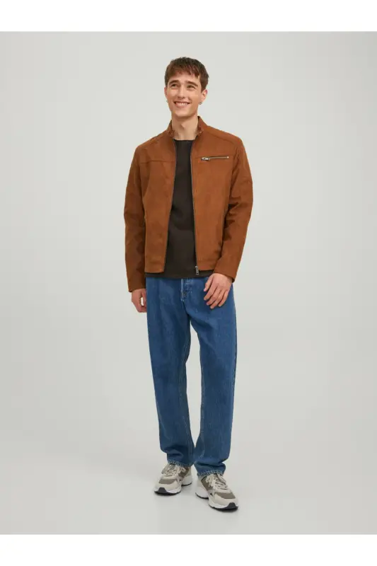 JJEROCKY JACKET NOOS Dik Yaka Belden Kemerli Suni Deri Slim Fit Biker Ceket - Kahverengi Süet - 3