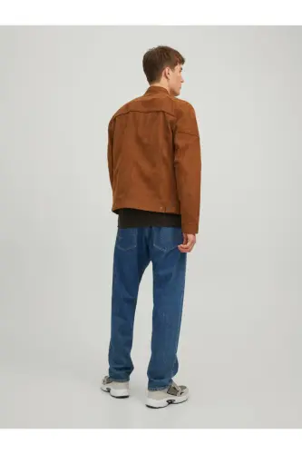 JJEROCKY JACKET NOOS Dik Yaka Belden Kemerli Suni Deri Slim Fit Biker Ceket - Kahverengi Süet - 4